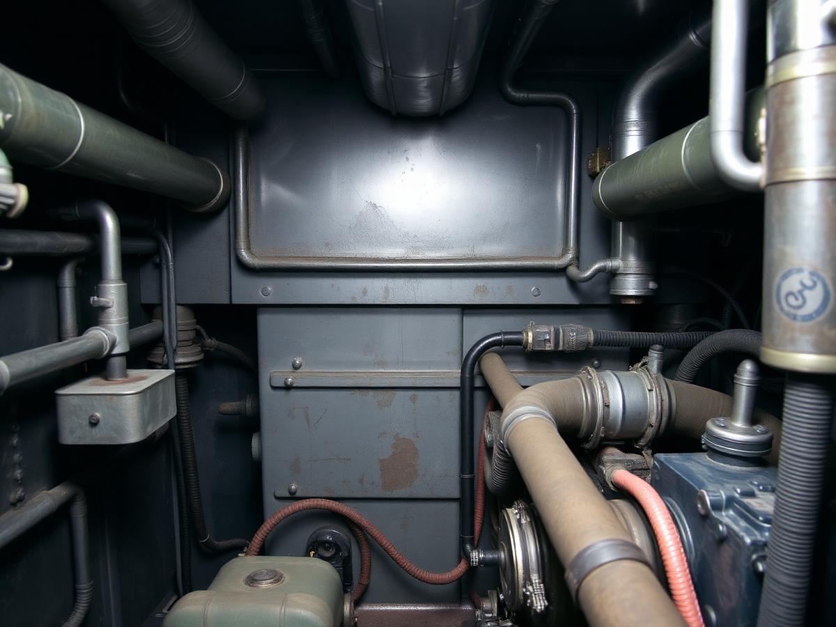 Engine room piping and machinery aboard a working vessel