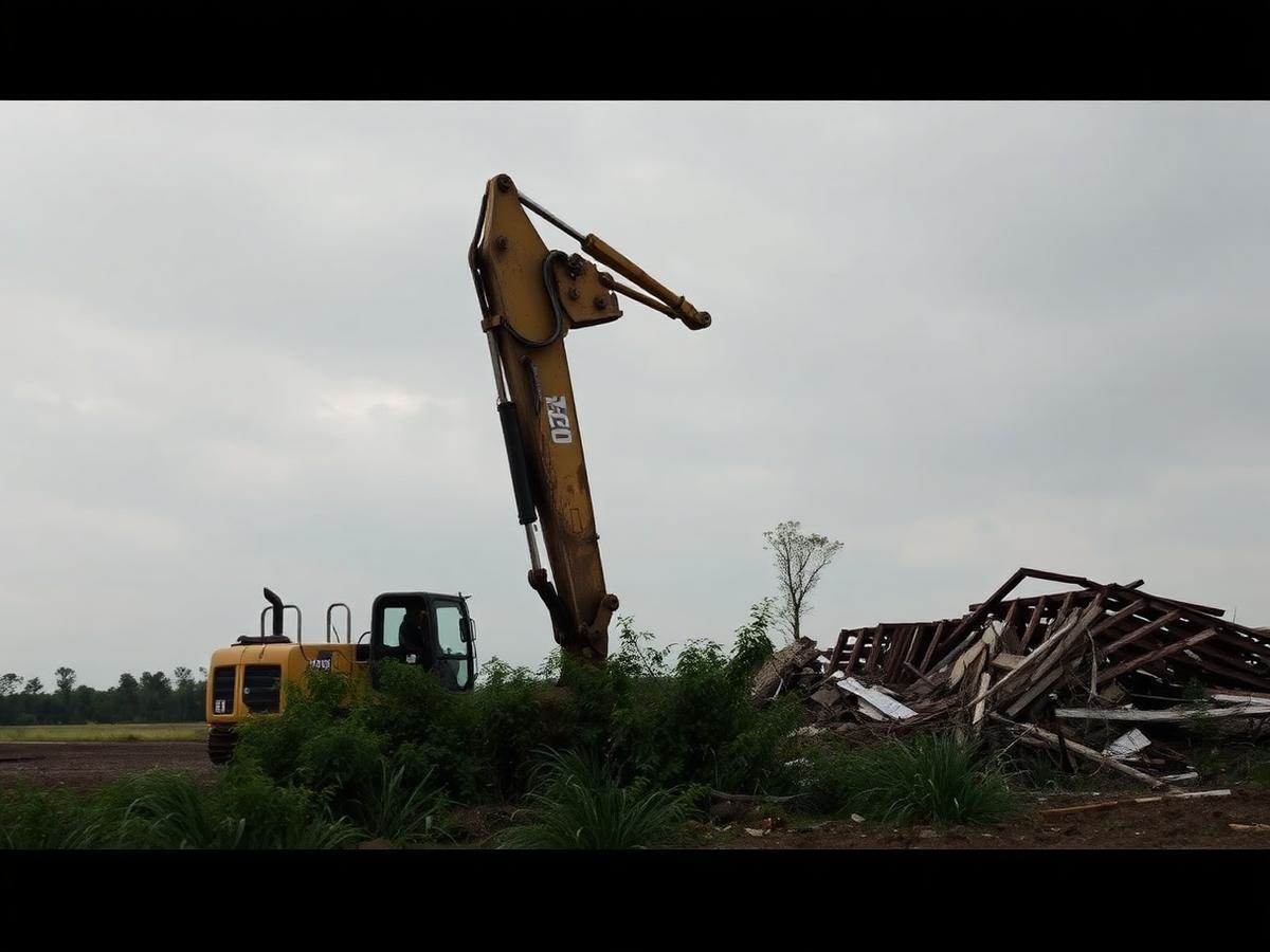 Excavator clearing brush and demolition debris on a cleared lot
