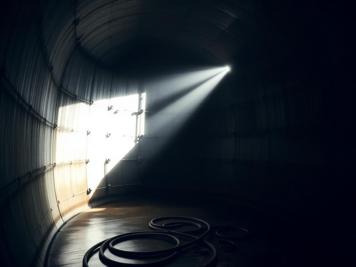 Interior of a large empty steel tank lit by a work light